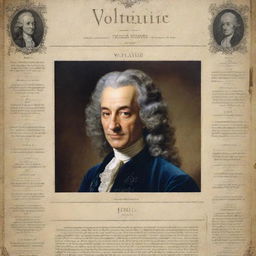 Produce a visually engaging educational poster about Voltaire, highlighting his life, philosophical and psychological insights from his work 'Candide', supplemented with appropriate photographs of Voltaire.