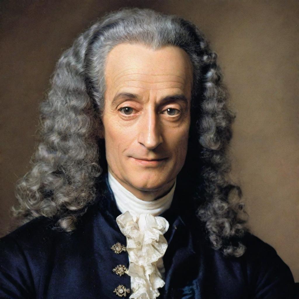 Produce a visually engaging educational poster about Voltaire, highlighting his life, philosophical and psychological insights from his work 'Candide', supplemented with appropriate photographs of Voltaire.