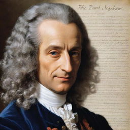 Produce a visually engaging educational poster about Voltaire, highlighting his life, philosophical and psychological insights from his work 'Candide', supplemented with appropriate photographs of Voltaire.