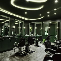 Elegant dark green salon interior design with seven pieces of furniture, sophisticated decor, high-detail lighting, luxurious ambiance.