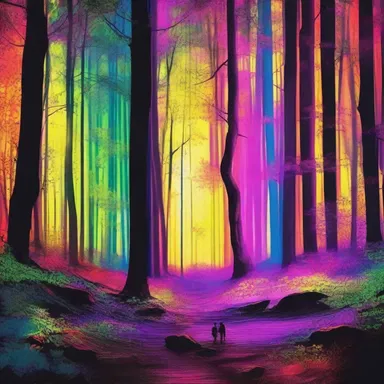 The artist used vibrant colors to create an illusion of light infiltrating the dark forest.