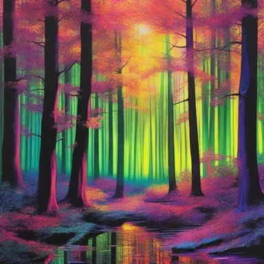 The artist used vibrant colors to create an illusion of light infiltrating the dark forest.