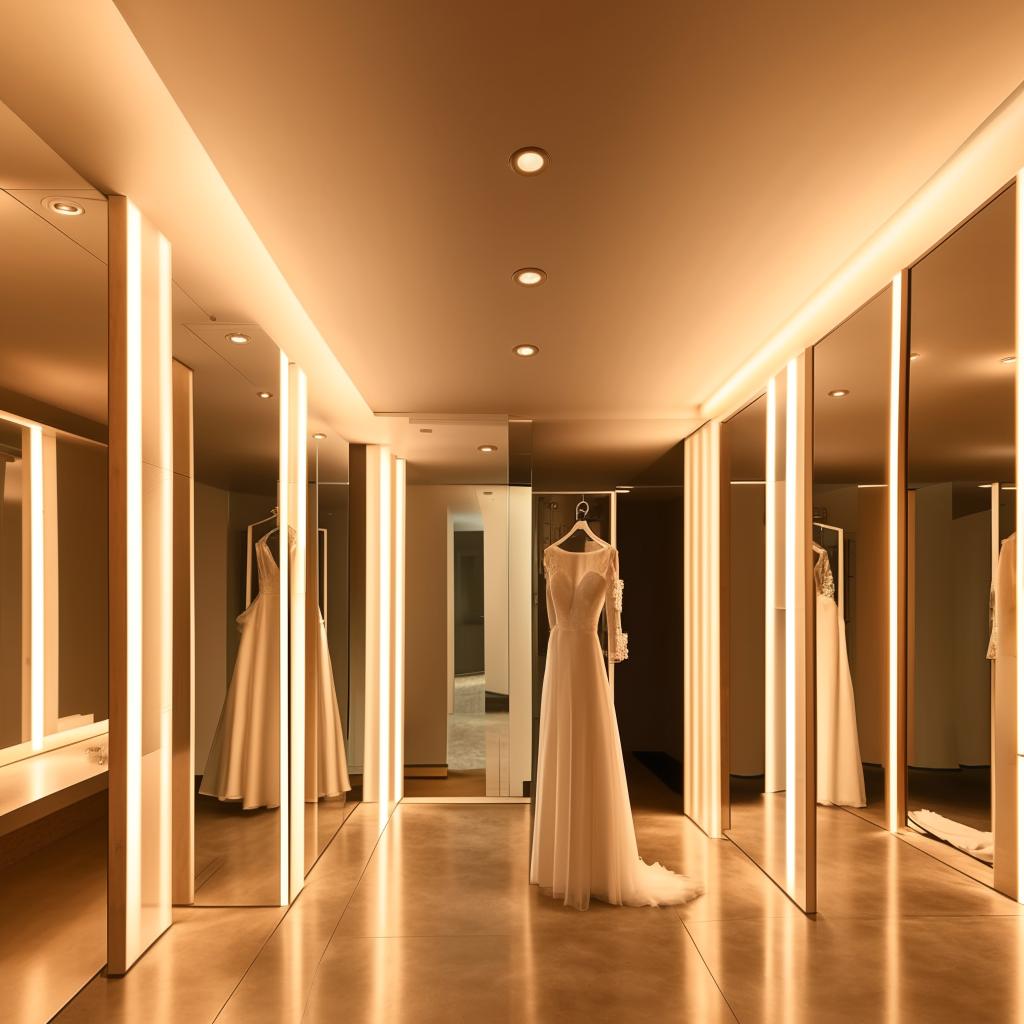 Luxurious changing room for a wedding dress workshop, 3.6x4.35 meters, featuring multidirectional lighting, ceiling mirrors with soft, indirect lighting for a reflective ambience.