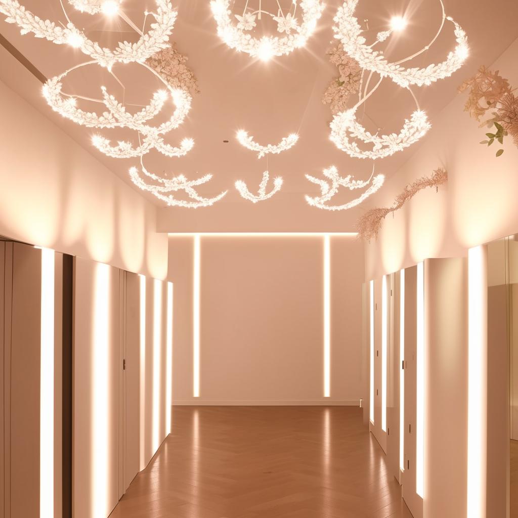 Luxurious changing room for a wedding dress workshop, 3.6x4.35 meters, featuring multidirectional lighting, ceiling mirrors with soft, indirect lighting for a reflective ambience.