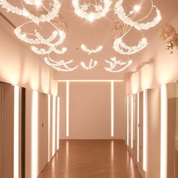 Luxurious changing room for a wedding dress workshop, 3.6x4.35 meters, featuring multidirectional lighting, ceiling mirrors with soft, indirect lighting for a reflective ambience.