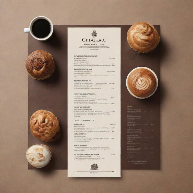 Design a cool, professional coffee shop menu for 'Le Chateaux Briand'. Include engaging typography, elegant colors and stylized images of specialty coffees and pastries.