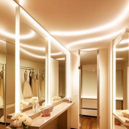 Luxurious changing room for a wedding dress workshop, 3.6x4.35 meters, featuring multidirectional lighting, ceiling mirrors with soft, indirect lighting for a reflective ambience.