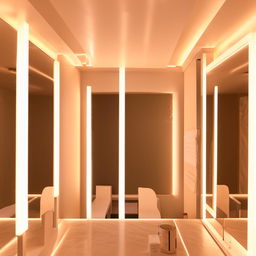 Luxurious changing room for a wedding dress workshop, 3.6x4.35 meters, featuring multidirectional lighting, ceiling mirrors with soft, indirect lighting for a reflective ambience.