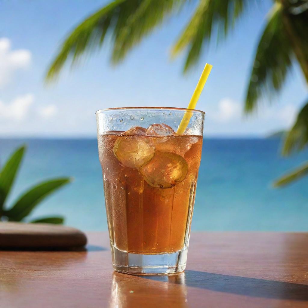 A refreshing glass of Nestea, complete with condensation droplets, situated on a sunlit table set against a tropical background.