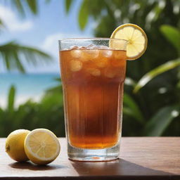 A refreshing glass of Nestea, complete with condensation droplets, situated on a sunlit table set against a tropical background.