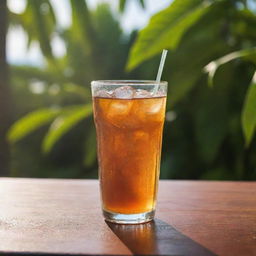 A refreshing glass of Nestea, complete with condensation droplets, situated on a sunlit table set against a tropical background.