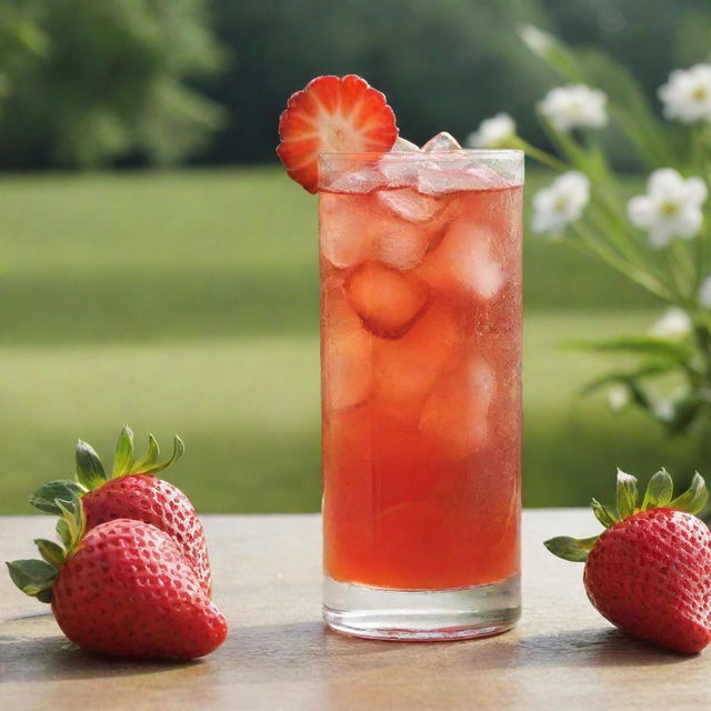 A chilled glass of strawberry Nestea, with a fresh strawberry garnish, set against a vibrant summer backdrop.