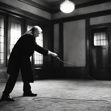 The character used a carpet beater to kill the villain in the suspenseful movie scene.