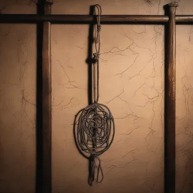 The haunted house had an eerie atmosphere with an old carpet beater hanging on the wall.