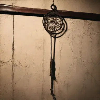 The haunted house had an eerie atmosphere with an old carpet beater hanging on the wall.
