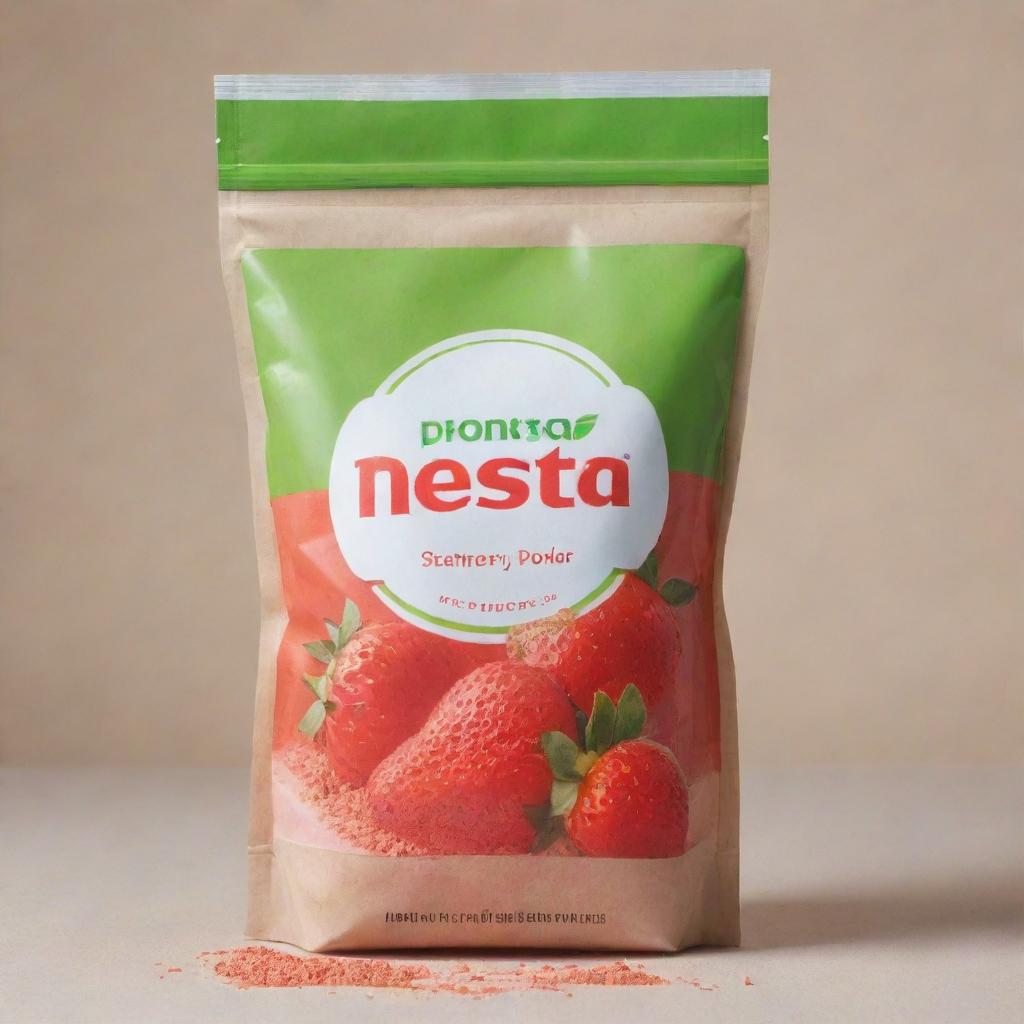 A plastic bag filled with strawberry Nestea powder, branded logo prominently displayed, set against a neutral background.