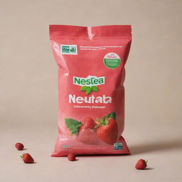 A plastic bag filled with strawberry Nestea powder, branded logo prominently displayed, set against a neutral background.