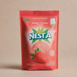 A plastic bag filled with strawberry Nestea powder, branded logo prominently displayed, set against a neutral background.