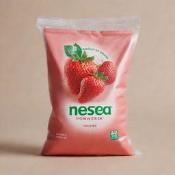 A plastic bag filled with strawberry Nestea powder, branded logo prominently displayed, set against a neutral background.