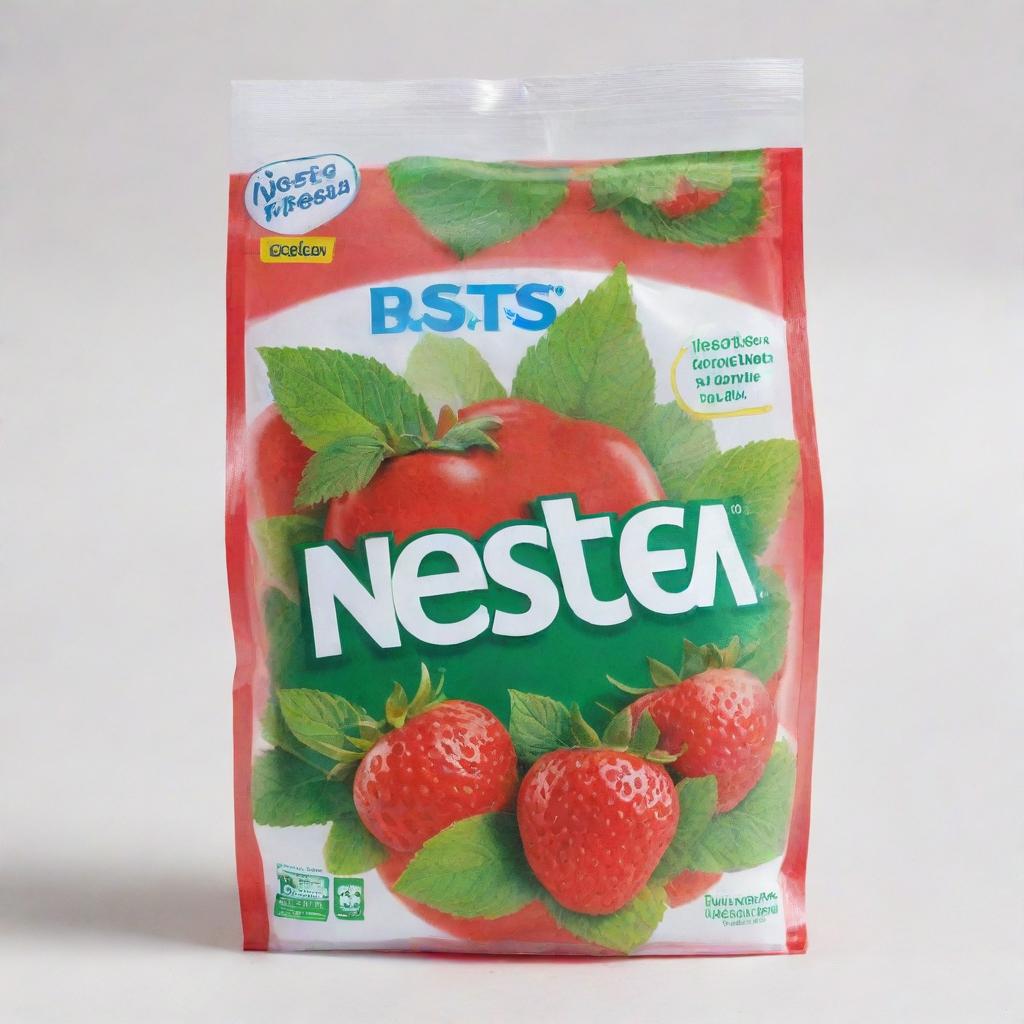 A transparent plastic bag with the bold, colourful label 'Nestea de Fresa', set against a simple white background.