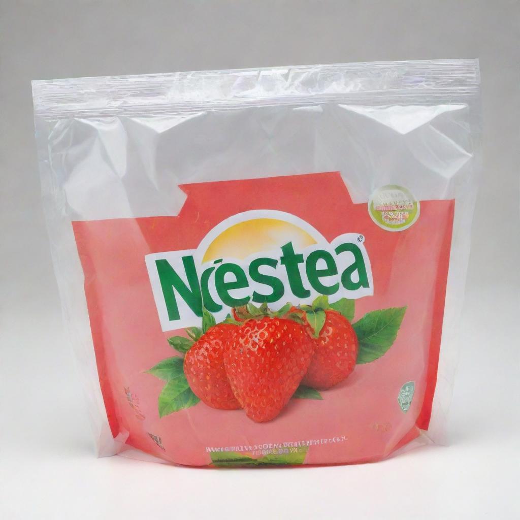 A transparent plastic bag with the bold, colourful label 'Nestea de Fresa', set against a simple white background.