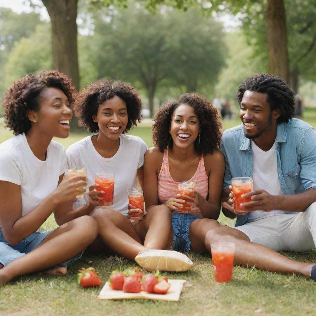 A group of diverse individuals jovially drinking strawberry Nestea in a sunny park setting.