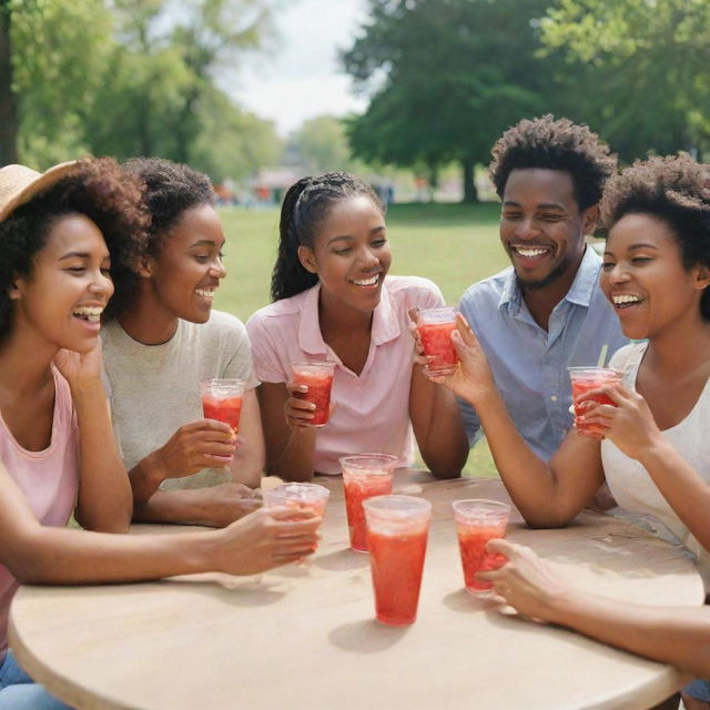 A group of diverse individuals jovially drinking strawberry Nestea in a sunny park setting.