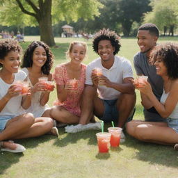 A group of diverse individuals jovially drinking strawberry Nestea in a sunny park setting.