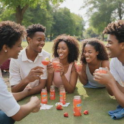 A group of diverse individuals jovially drinking strawberry Nestea in a sunny park setting.