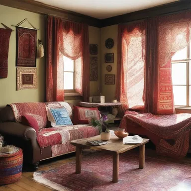 The living room was decorated in a bohemian style, with bandannas used as curtains.