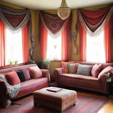 The living room was decorated in a bohemian style, with bandannas used as curtains.