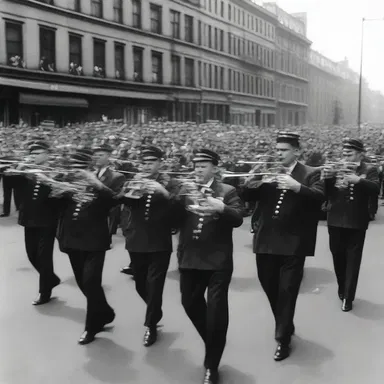 The big band played patriotic tunes during the victory parade after World War II, celebrating the end of a dark period in history.