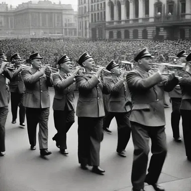 The big band played patriotic tunes during the victory parade after World War II, celebrating the end of a dark period in history.