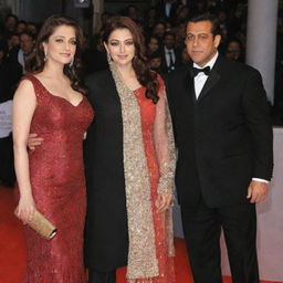 Generate an image of Salman Khan with Aishwarya Rai standing together in elegant attire at a red carpet event.