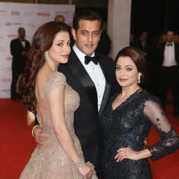 Generate an image of Salman Khan with Aishwarya Rai standing together in elegant attire at a red carpet event.