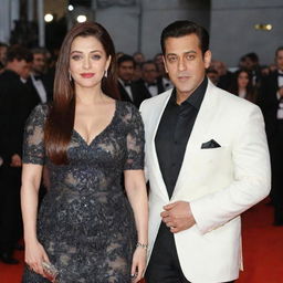 Generate an image of Salman Khan with Aishwarya Rai standing together in elegant attire at a red carpet event.