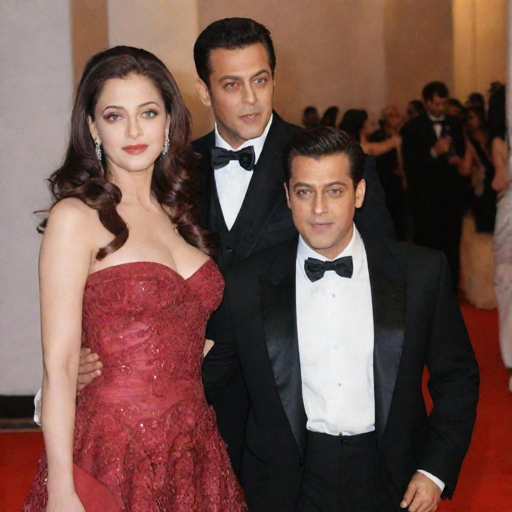 Generate an image of Salman Khan with Aishwarya Rai standing together in elegant attire at a red carpet event.