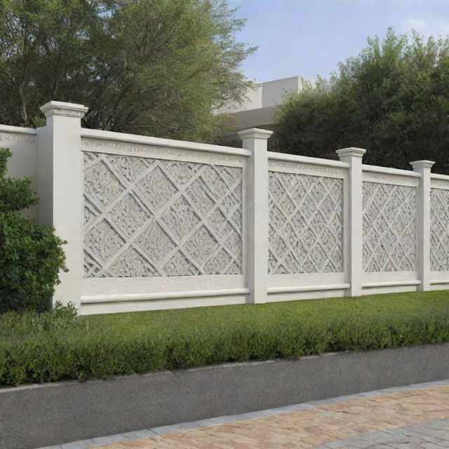 Design a striking and stylish boundary wall with intricate patterns and a blend of modern and traditional elements.