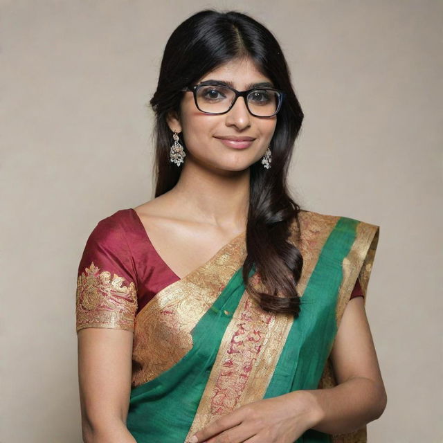 Generate an image of the retired adult film star Mia Khalifa clad in a traditional sari, adding a touch of cultural elegance.