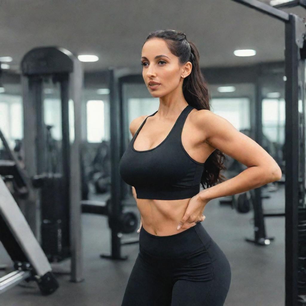Nora Fatehi working out in a modern, well-equipped gym, focused and determined