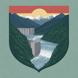 A flag design with an image of a mountainous landscape showcasing hydropower plants