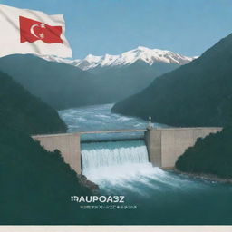 A flag design with an image of a mountainous landscape showcasing hydropower plants