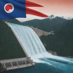 A flag design with an image of a mountainous landscape showcasing hydropower plants