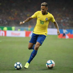 Neymar Jr, the professional footballer, in action on the field, dribbling the ball with agility, surrounded by vibrant stadium ambience