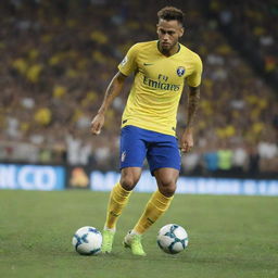 Neymar Jr, the professional footballer, in action on the field, dribbling the ball with agility, surrounded by vibrant stadium ambience