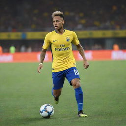 Neymar Jr, the professional footballer, in action on the field, dribbling the ball with agility, surrounded by vibrant stadium ambience