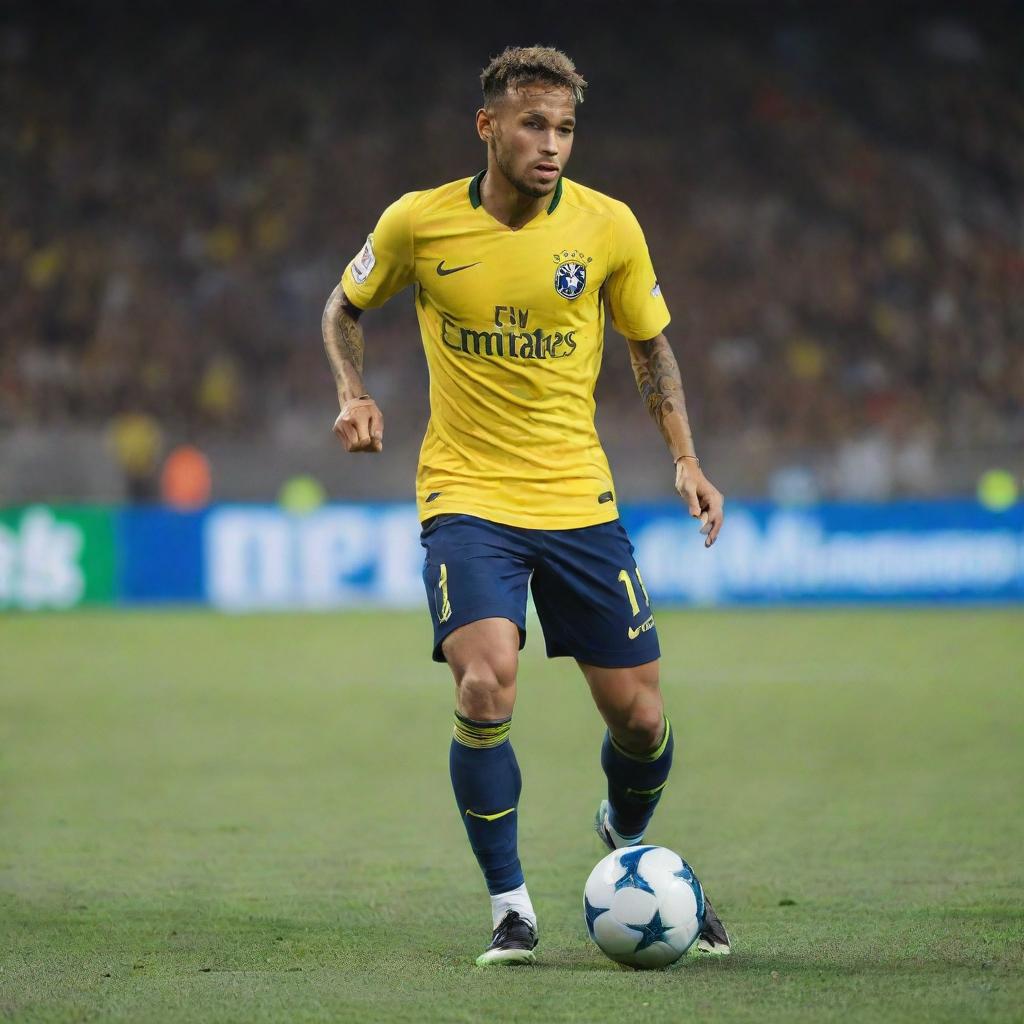 Neymar Jr, the professional footballer, in action on the field, dribbling the ball with agility, surrounded by vibrant stadium ambience