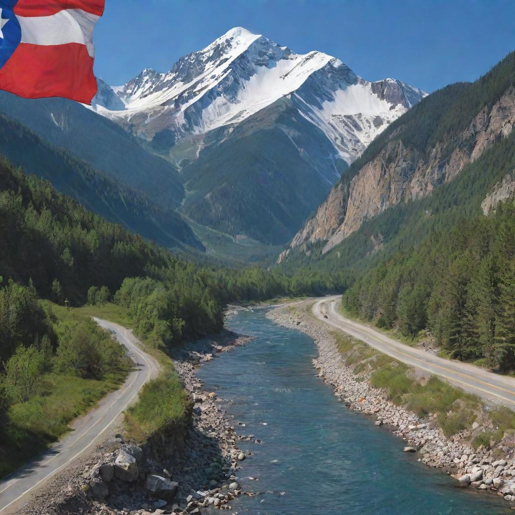 Create a composite flag incorporating imagery of majestic mountains, busy roads, intricate hydropower plants, and active oil and gas exploration sites.