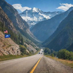 Create a composite flag incorporating imagery of majestic mountains, busy roads, intricate hydropower plants, and active oil and gas exploration sites.