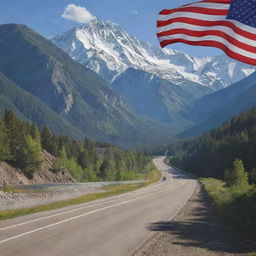 Create a composite flag incorporating imagery of majestic mountains, busy roads, intricate hydropower plants, and active oil and gas exploration sites.